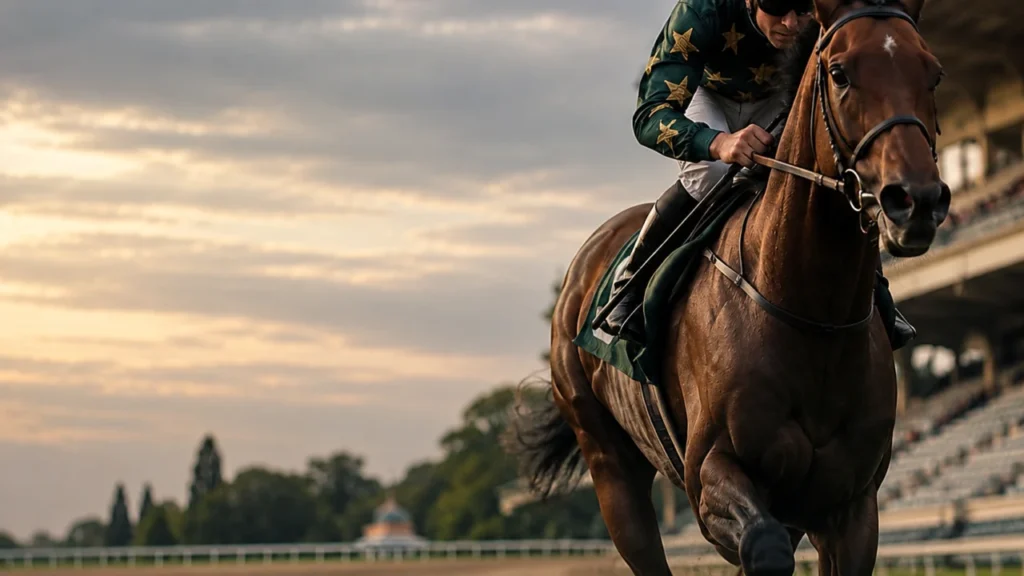 Cheval de course et son cavalier sur un hippodrome — illustration